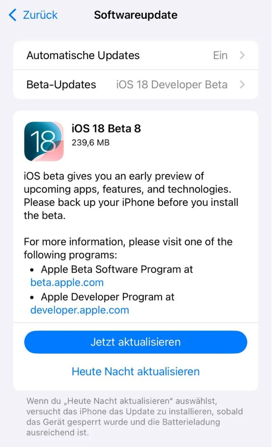 宁洱苹果手机维修分享苹果 iOS / iPadOS 18 开发者预览版 Beta 8 发布 